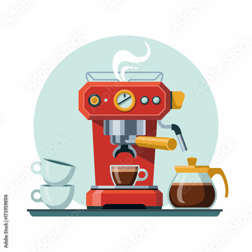 This vibrant illustration of a retro-style coffee machine emphasizes the barista culture, highlighting nostalgia and craftsmanship associated with brewing perfect coffee.