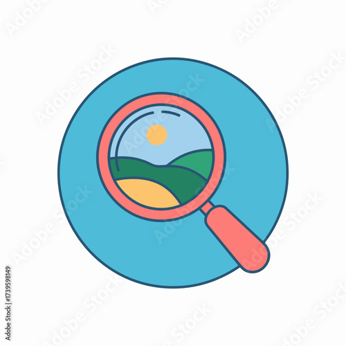 A playful magnifying glass hovering over a vibrant landscape, suggesting exploration and curiosity, perfect for travel, nature themes, or educational content.