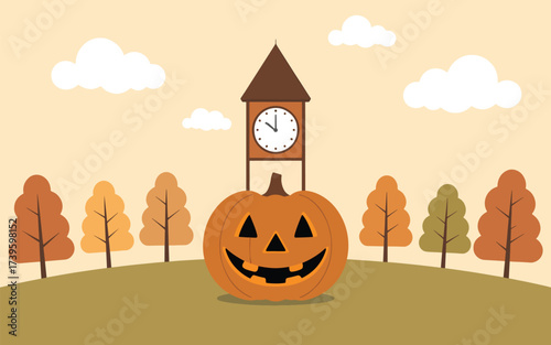 Jackolantern with clock tower and autumn trees halloween