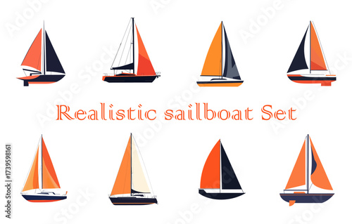 Realistic sailboat set with various sail colors and hull designs