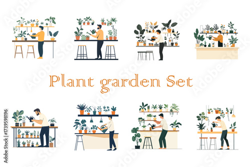 Set of illustrations of people watering plants and caring for houseplants in a modern interior