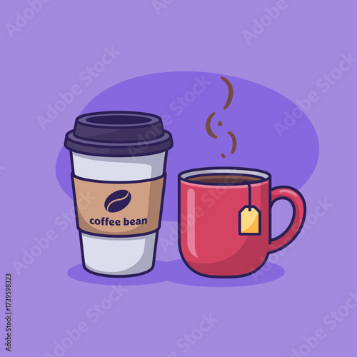 This illustration presents a vibrant depiction of a coffee cup and a takeout cup, showcasing steaming beverages that evoke warmth and comfort for coffee and tea lovers alike.