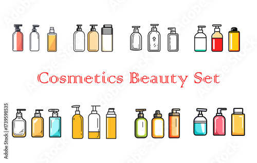 Cosmetics beauty set of various bottles and containers for skincare and makeup products