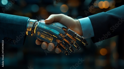 Human hand shaking with AI hand in a futuristic high-tech setting, symbolizing partnership.