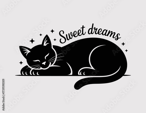 A heartwarming and calming depiction of a sleeping cat, paired with the phrase 'Sweet dreams', creating a cozy atmosphere that evokes comfort and tranquility in pet illustration.