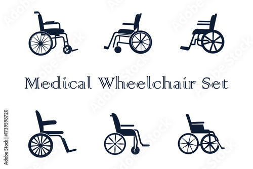 Set of six medical wheelchair icons, illustrating different designs and types of mobility aids
