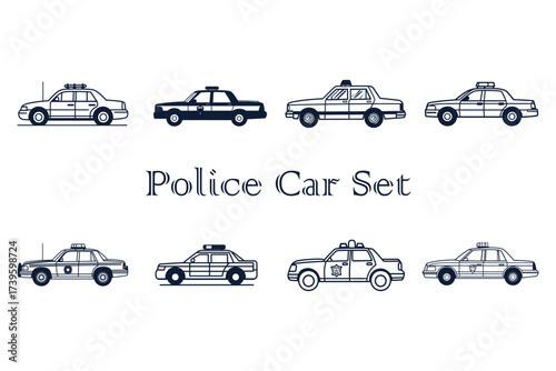 Collection of eight police car icons, showcasing different models and angles of law enforcement vehicles