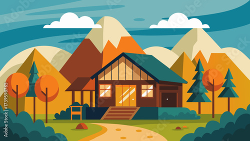 Colorful flat illustration of a cozy cabin surrounded by vibrant trees and majestic mountains, showcasing a serene landscape with a winding path leading to the home