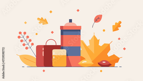 Colorful autumn illustration featuring a thermos, two containers, and vibrant leaves, creating a cozy seasonal atmosphere with warm hues and playful shapes