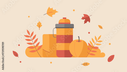 Colorful autumn illustration featuring a thermos, apple, and seasonal leaves, creating a cozy atmosphere perfect for fall-themed designs and seasonal promotions