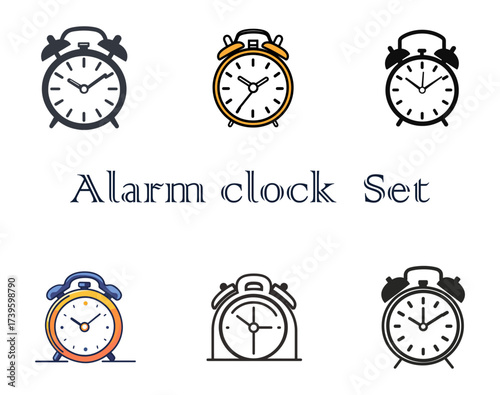 Assortment of alarm clock illustrations in various styles, including vintage, modern, and outline, featuring analog faces and bells