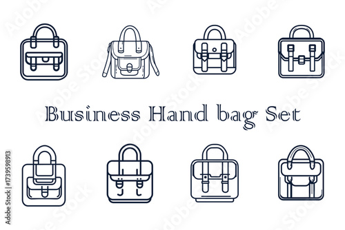 Set of eight business hand bag line art icons