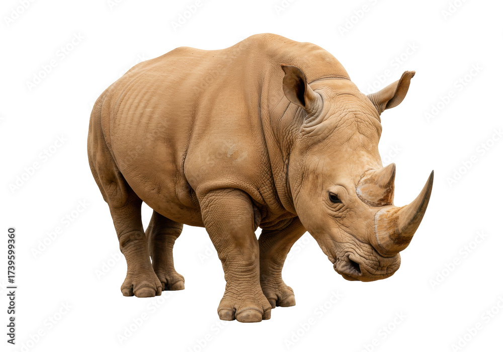 Obraz premium Majestic rhinoceros isolated PNG, large African mammal with thick skin and prominent horn on transparent background