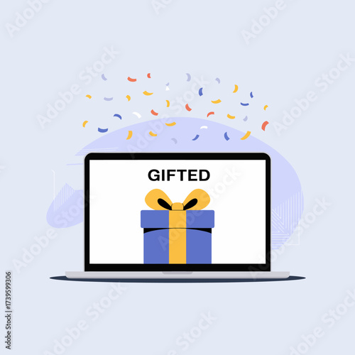 This image features a laptop displaying a gift box, symbolizing celebrations, gifting culture, and the joy of giving or receiving online presents in our digital age.