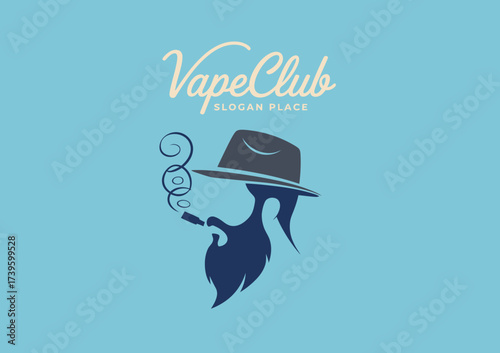 This modern vape club logo features a stylish illustration of a bearded man wearing a hat, exhaling vapor, capturing a trendy, urban aesthetic for vaping culture.
