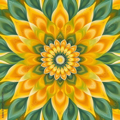A radiant symphony of golden petals unfolds in an intricate kaleidoscope of fractal patterns, weaving nature’s artistry into mesmerizing optical illusions.