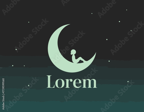 An imaginative logo featuring a crescent moon and a figure sitting, symbolizing relaxation and inspiration, ideal for creative businesses and nighttime services.