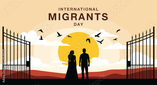 International Migrants Day illustration, silhouette of man and woman at open gate, sunset background, freedom, hope, desert landscape, vector art