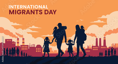 International Migrants Day illustration, silhouettes of families walking through industrial cityscape, dramatic sunset sky, urban migration theme, awareness vector, social message