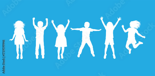 Jumping children silhouette illustration, playful poses on blue background, energetic movement, joyful childhood activity, freedom, health, recreation, vector design, education theme