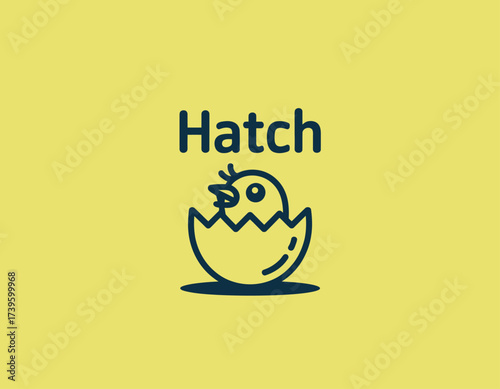 This whimsical illustration shows a cute chick breaking free from an eggshell, symbolizing new beginnings, innocence, and the joy of life on a bright yellow backdrop.