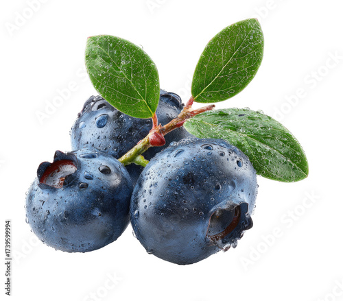 Close-up photo showcasing several ripe, dark blue fruits with vibrant green leaves and stems
