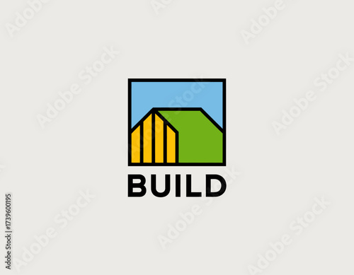 This image showcases a vibrant color-block design of a house, representing construction and architectural themes. Ideal for businesses focused on building and development.