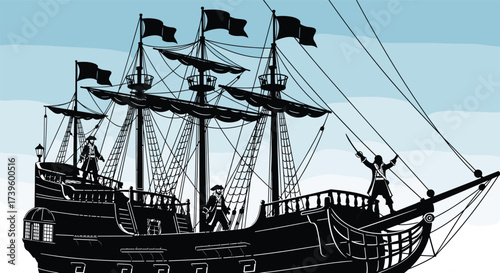 Large pirate ship with sails and rigging, crew in pirate attire, adventurous nautical vector illustration for historical maritime design and seafaring exploration themes
