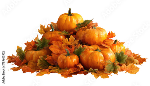 A seasonal image of a pile of orange pumpkins and brown autumn leaves
