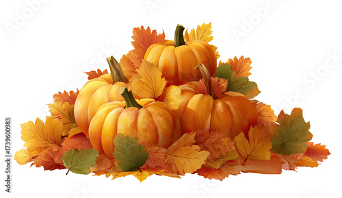 A cluster of bright orange pumpkins nestled amidst vibrant autumn leaves, creating a festive scene