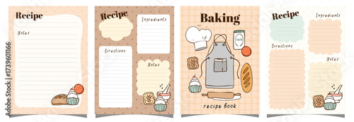 baking vertical recipe book set of cards, blanks, reminder, hand drawn, doodle, cooking, vector illustration