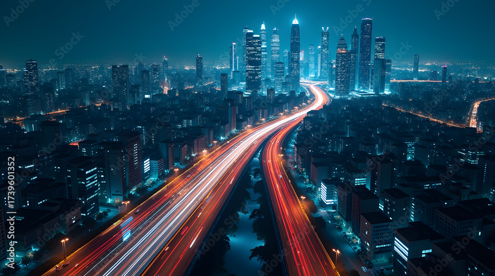 Obraz premium Futuristic Smart City at Night with Highway Light Trails