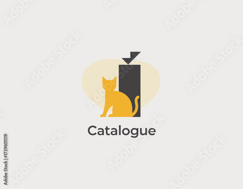 A minimalist logo featuring a stylized cat beside a catalogue, representing creativity and organization, blending animal playfulness with structured design.