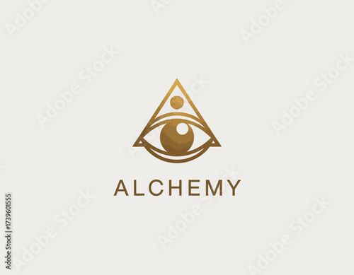 A striking logo featuring a golden triangle enclosing an eye, suggesting mystery and the alchemical transformation of perception in an esoteric artistic style.