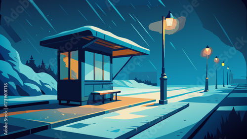 A serene winter scene featuring a bus stop illuminated by street lamps during a gentle snowfall at night.
