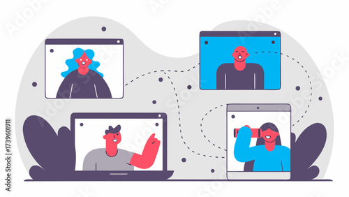 A digital illustration depicting four diverse individuals engaged in a virtual meeting.