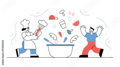 Two chefs, a male and a female, joyfully cooking together in a vibrant kitchen setting filled with colorful ingredients.
