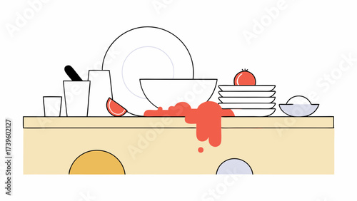 Colorful artistic representation of a cluttered kitchen counter with bowls, bottles, and utensils.