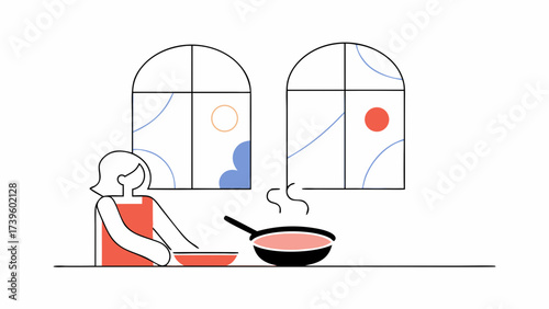 A minimalist illustration of a woman preparing food in a bright kitchen, with steaming pot and abstract window designs.