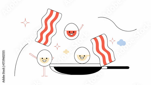Playful cartoon eggs and bacon bouncing in a frying pan, embodying a cheerful breakfast vibe.