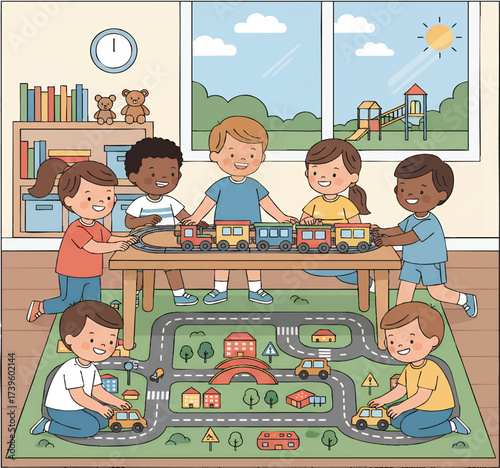 Diverse group of children playing with toy train and cars around table in bright classroom, fostering creativity and social interaction.
