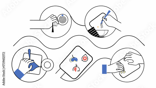 Hands of diverse individuals enjoying a variety of dishes in an abstract dining arrangement.