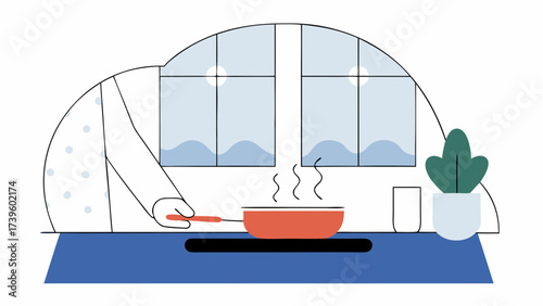 A hand stirring a pot on a blue countertop, with steaming food and a bright kitchen backdrop featuring plants and windows.