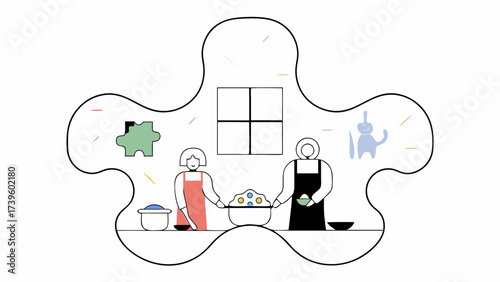 Two women of diverse ethnicities cooking together in a cozy kitchen, showcasing teamwork and joy in cooking.