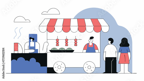 Illustration of a food market with a vendor serving customers delicious street food.