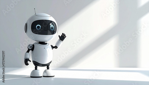 A futuristic and friendly cute robot companion waves a welcoming greeting in a minimalist white room with soft natural light and shadows