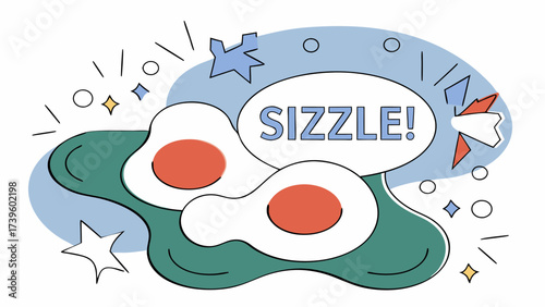 Colorful illustration featuring sunny-side-up eggs with the word 'SIZZLE!' creating a fun, vibrant kitchen atmosphere.