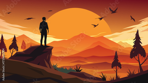 Silhouette of a man standing on a rock, gazing at a vibrant sunset over mountains, creating a serene and contemplative atmosphere.