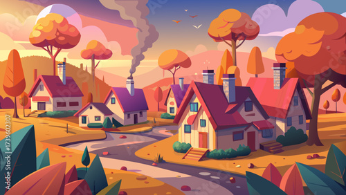 A charming autumn village scene with colorful trees and cozy cottages surrounded by nature.