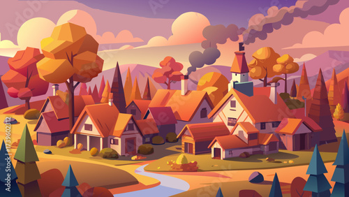A vibrant autumn village scene with colorful foliage, charming houses, and a winding river under a picturesque sky.
